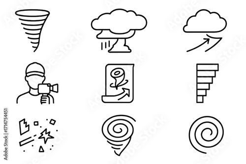 Meteorology Line Icons. Line style icons of meteorology: tornado funnel, supercell storm, rotating cloud base, wind shear arrow,