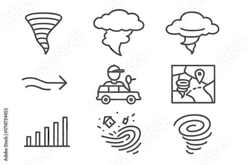 Meteorology Line Icons. Line style icons of meteorology: tornado funnel, supercell storm, rotating cloud base, wind shear arrow,