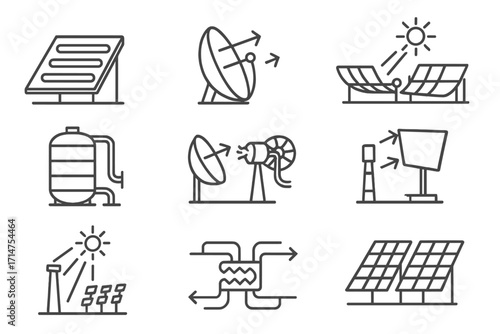 Renewable Energy Icons. Line style icons of renewable energy: solar thermal collector, parabolic mirror, concentrated solar power,
