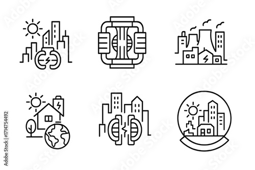 Fusion-Powered Future. Line style icons of nuclear fusion: future city powered by fusion, fusion infrastructure icon, power