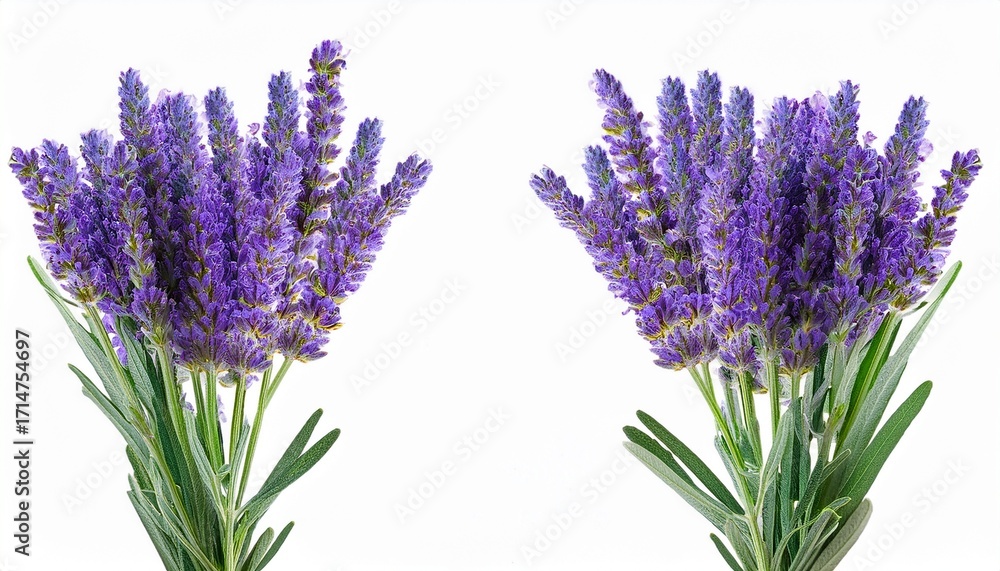 Fototapeta premium Two Purple Lavender Flower Stems With Leaves Isolated Cutout On Transparent