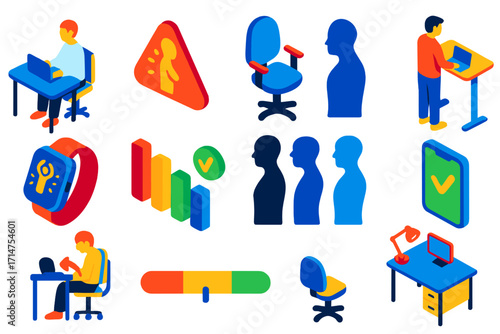 Posture Tracking Set. Isometric vector illustration set Posture tracking: sitting figure with back support, posture alert icon,