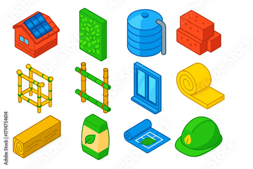 Eco Construction Elements. Isometric vector illustration set Eco construction: solar roof, green wall, rainwater tank, recycled