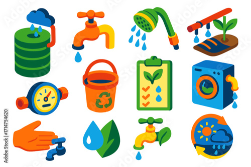Eco Water Solutions Icons. Isometric vector illustration set Eco water saving: rainwater tank, water-saving faucet, low-flow