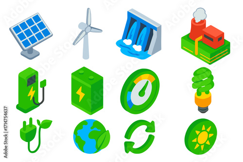 Renewable Energy Icons. Isometric vector illustration set Renewable energy icons: solar panel, wind turbine, hydroelectric dam,