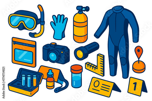Underwater Forensics Tools. Isometric vector illustration set Underwater forensics: diving mask, oxygen tank, waterproof evidence