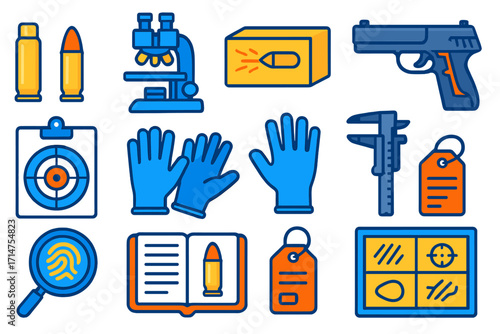 Ballistics Analysis Essentials. Isometric vector illustration set Ballistics analysis: bullet casing, projectile sample,