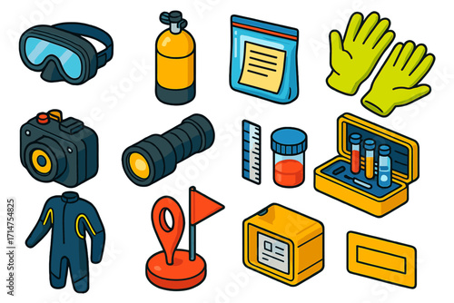 Underwater Forensics Tools. Isometric vector illustration set Underwater forensics: diving mask, oxygen tank, waterproof evidence
