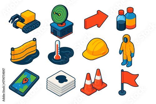 Oil Spill Cleanup Icons. Isometric vector illustration set Oil spill response: cleanup robot, radar tracking station, chemical