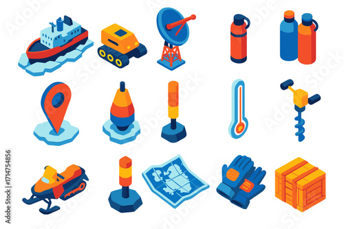 Polar Exploration Icons. Isometric vector illustration set Icebreaker research: icebreaker robot, polar radar, insulated bottles,