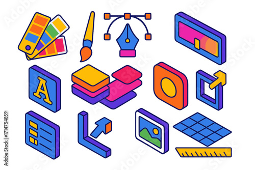 Graphic Design Tools. Isometric vector illustration set Graphic design toolkit: color palette, paintbrush, vector pen tool,
