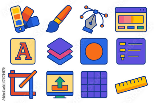 Graphic Design Tools. Isometric vector illustration set Graphic design toolkit: color palette, paintbrush, vector pen tool,