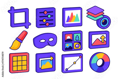 Photography Editing Tools. Isometric vector illustration set Photography editing tools: photo crop icon, color correction sliders,