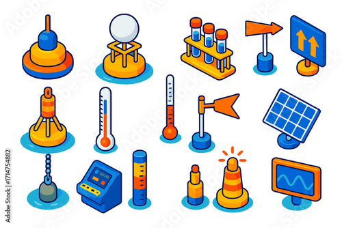 Scientific Buoy Station Icons. Isometric vector illustration set Scientific buoy station: floating robot sensor, weather radar,