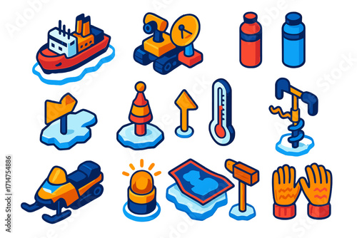 Polar Exploration Icons. Isometric vector illustration set Icebreaker research: icebreaker robot, polar radar, insulated bottles,