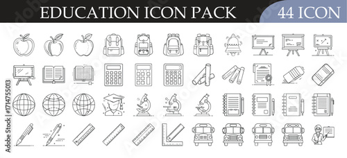Education and school icon set collection - Pack of 44 outline icons featuring books, blackboards, globes, calculators, pencils, and school supplies for learning, teaching, and academic projects.
