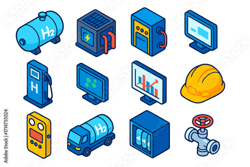 Hydrogen Energy Icons. Isometric vector illustration set Hydrogen energy: hydrogen tank, fuel cell, generator, control panel,
