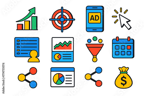 Ad Campaign Tools. Isometric vector illustration set Paid ad campaign tools: budget chart, targeting reticle, ad preview screen,