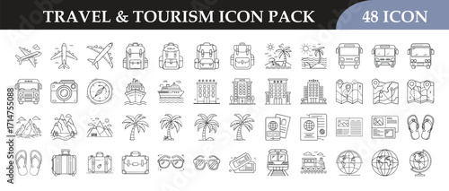 Travel and tourism icon set collection - Pack of 48 outline icons showing airplanes, luggage, hotels, maps, transportation, and holiday symbols for tourism, vacation, and travel design projects.
