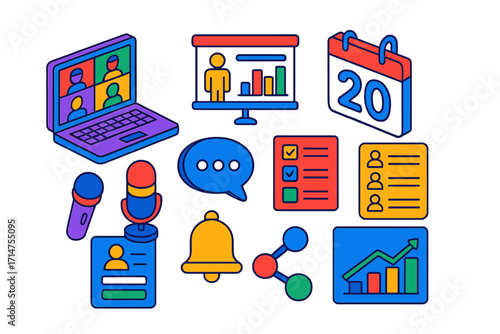 Webinar Promotion Icons. Isometric vector illustration set Webinar promotion: laptop screen, video conference, presentation slides