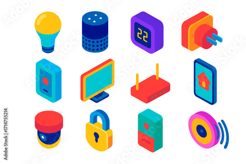 Smart Home Devices. Isometric vector illustration set Wireless home control: smart light bulb, AI assistant speaker, programmable