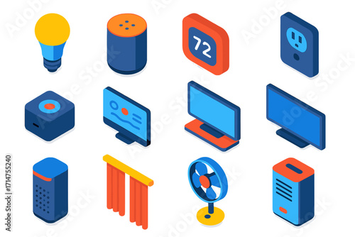 Voice-Controlled IoT Devices. Isometric vector illustration set Voice-controlled IoT devices: bulb, assistant, thermostat, outlet,