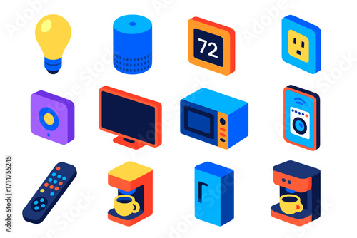 Modern Electronics Icons. Isometric vector illustration set Modern home electronics: bulb, speaker assistant, thermostat, outlet,