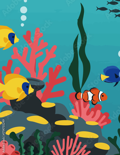 A vibrant and colorful illustration of an underwater coral reef scene with tropical fish swimming peacefully in the ocean