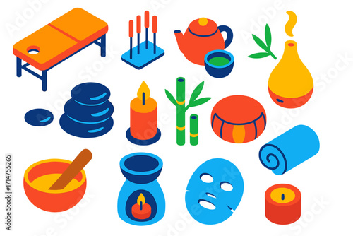 Holistic Therapy Icons. Isometric vector illustration set Holistic therapy: massage table, acupuncture needles, herbal tea set,