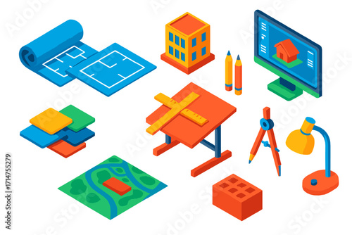 Architectural Tools Illustrated. Isometric vector illustration set Architecture concepts: blueprint roll, floor plan, scale model