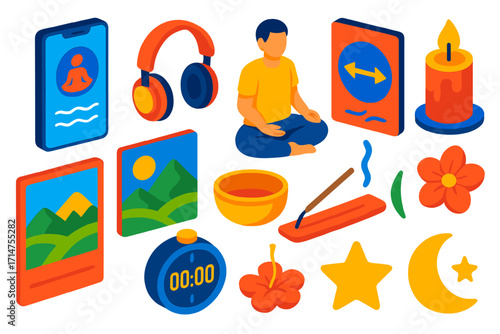 Guided Meditation Set. Isometric vector illustration set Guided meditation: mobile app screen, headphones, seated meditation