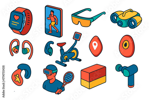 Tech-Infused Fitness Icons. Isometric vector illustration set of technology and fitness: fitness tracker watch, smartphone with