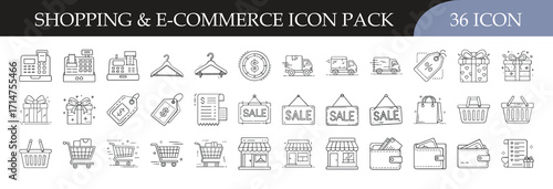 Shopping and e-commerce line icon collection set - Line icon pack featuring 36 shopping and e-commerce symbols including carts, bags, sales tags, delivery trucks, shops, and payment methods.
