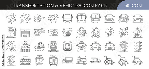 Transportation and vehicles line icon collection set - Line icon pack featuring 50 transportation and vehicle symbols including cars, buses, airplanes, trains, ships, fuel stations, and traffic signs.