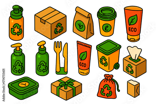 Eco-Friendly Product Icons. Isometric vector illustration set of eco-friendly recycling products: reusable sports bottle with
