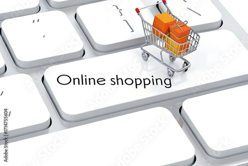 Online Shopping Experience: Miniature Shopping Cart with Gift Boxes on a White Keyboard Key, Symbolizing E-commerce Convenience and Digital Retail Transactions