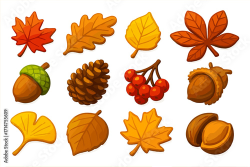 Bold Autumn Icons. Isometric vector illustration set of vibrant autumn nature: crimson maple leaf, copper oak leaf, gold birch