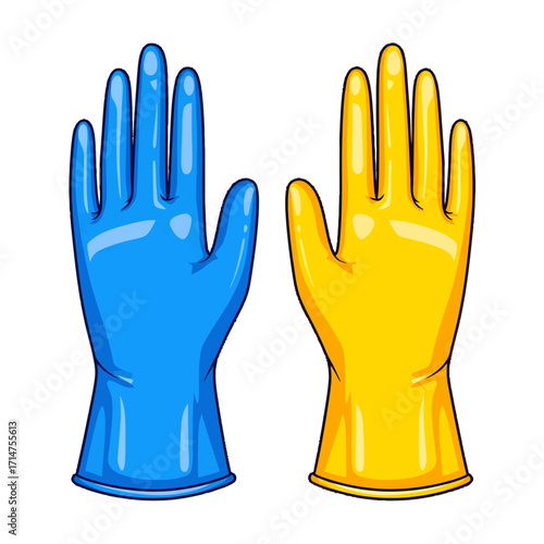Pair of blue and yellow rubber cleaning gloves for household chores.