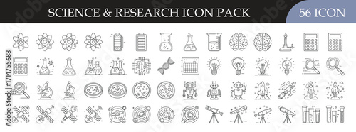 Science and research line icon collection set - Minimalist line icon pack featuring 56 science and research symbols including lab equipment, molecules, microscopes, DNA, and experiment tools.
