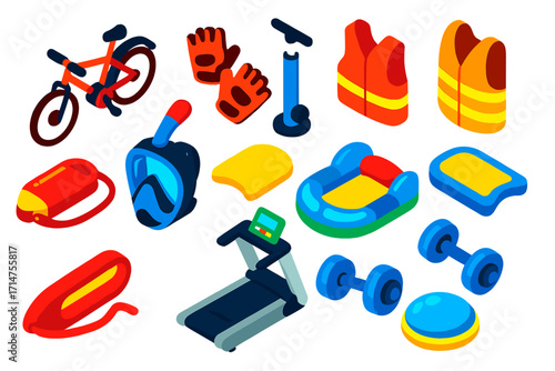 Bold Fitness Icons. Isometric vector illustration set of fitness and leisure activities: e-bike, cycling gloves, frame pump,