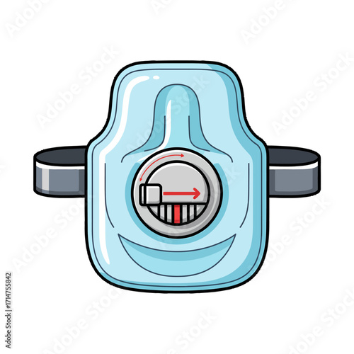 A cartoon illustration of a blue medical device with a dial and indicators, possibly for monitoring or treatment.