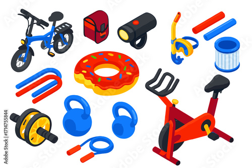 Vibrant Fitness Equipment Icons. Isometric vector illustration set of fitness and leisure activities: folding e-bike, saddle bag,