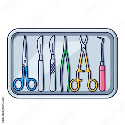 Surgical instruments arranged in a metal tray, including scissors, scalpels, forceps, and a needle holder.