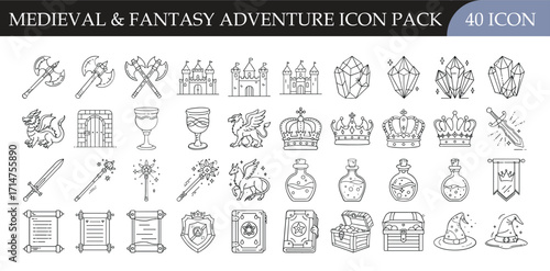 Medieval and fantasy adventure icon pack collection - Set of 40 outline icons featuring castles, swords, crowns, potions, shields, and mythical symbols, perfect for fantasy, roleplay, and adventure