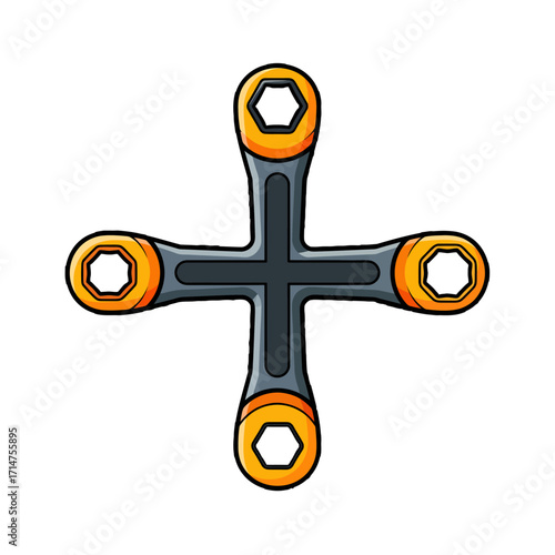 Cross-shaped lug wrench with four different sized sockets.