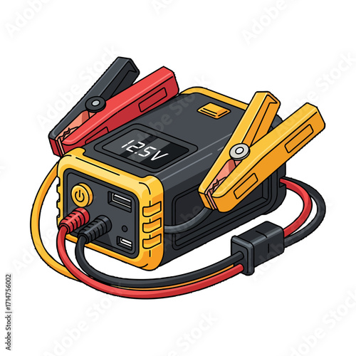 Portable car battery jump starter with alligator clips and digital display.