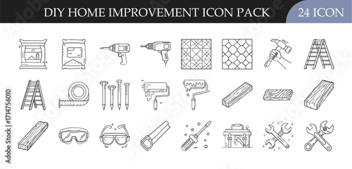 DIY home improvement and repair icon pack set - Collection of 24 outline icons featuring tools, equipment, and materials for home renovation, building, and repairs, perfect for DIY and construction