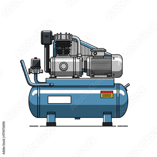 Illustration of a blue air compressor with a motor and tank.