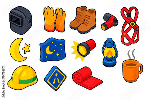 Night Safety Essentials. Isometric vector illustration set of safety gear and nighttime elements: welding mask, protective gloves,