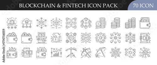 Blockchain and fintech icon pack for digital finance - Collection of 70 outline icons representing blockchain, cryptocurrency, wallets, mining, tokens, and financial technology, perfect for digital